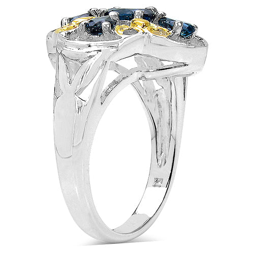 Anillo de plata de ley .925 con topacio azul de Londres genuino de 1.45 quilates, chapado en dos tonos