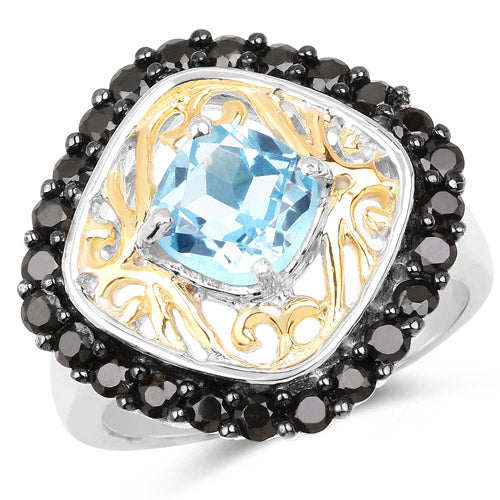 Anillo de plata esterlina .925 chapado en dos tonos con topacio azul suizo auténtico de 2.85 quilates y espinela negra