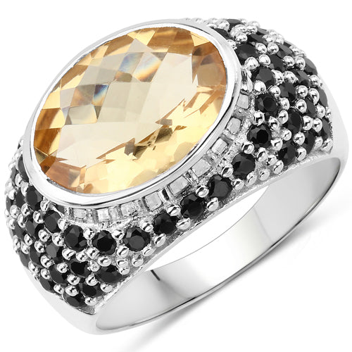 Anillo de plata de ley .925 con citrino genuino de 6,76 quilates y espinela negra
