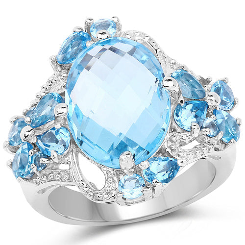 Anillo de Plata Fina .925 con Topacio Azul y Topacio Azul Suizo Genuinos de 9.50 Quilates