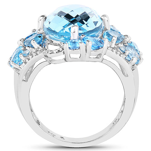 Anillo de Plata Fina .925 con Topacio Azul y Topacio Azul Suizo Genuinos de 9.50 Quilates