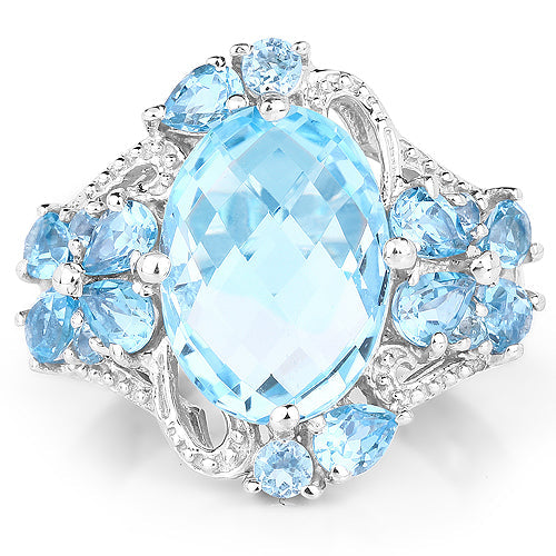 Anillo de Plata Fina .925 con Topacio Azul y Topacio Azul Suizo Genuinos de 9.50 Quilates