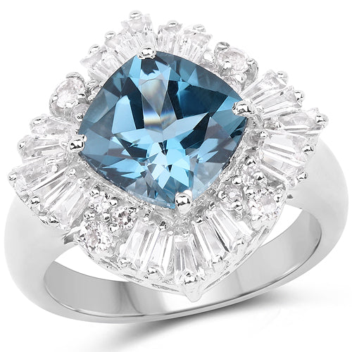 Anillo de plata de ley .925 con topacio azul Londres y topacio blanco genuinos de 5.19 quilates