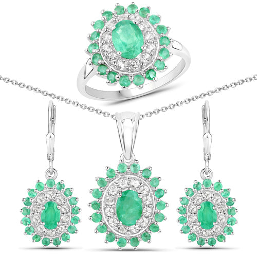 6.53 Carat Genuine Zambian Emerald and White Topaz .925 Sterling Silver 3 Piece Jewelry Set (Ring, Earrings, and Pendant w/ Chain)