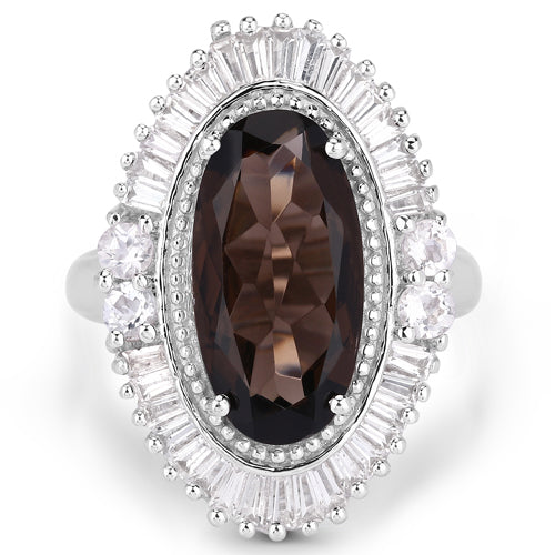 Anillo de plata de ley .925 con cuarzo ahumado genuino y topacio blanco de 8.12 quilates