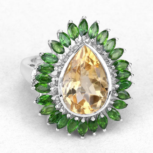 Anillo de plata de ley .925 con citrino genuino de 7.02 quilates y diópsido de cromo