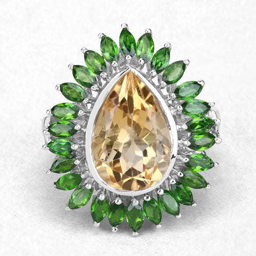 Anillo de plata de ley .925 con citrino genuino de 7.02 quilates y diópsido de cromo