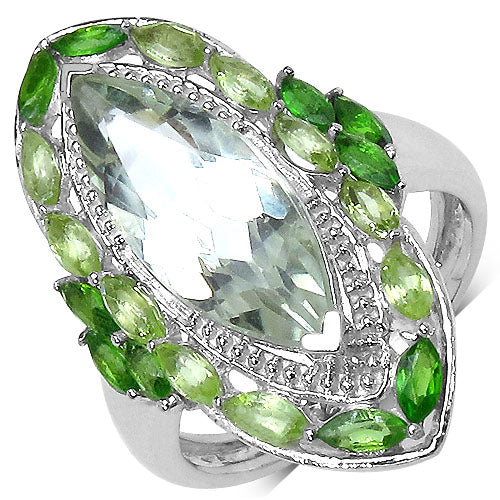 Anillo de plata de ley .925 con amatista verde auténtica de 4,90 quilates, peridoto y diópsido de cromo