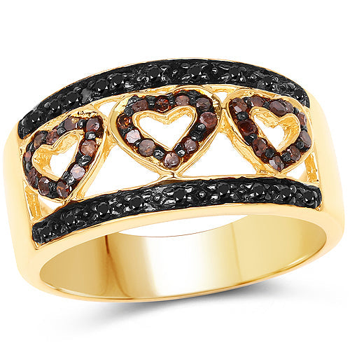 Anillo de plata esterlina .925 con baño de oro amarillo de 14 quilates, diamante negro genuino de 0,32 quilates y diamante rojo