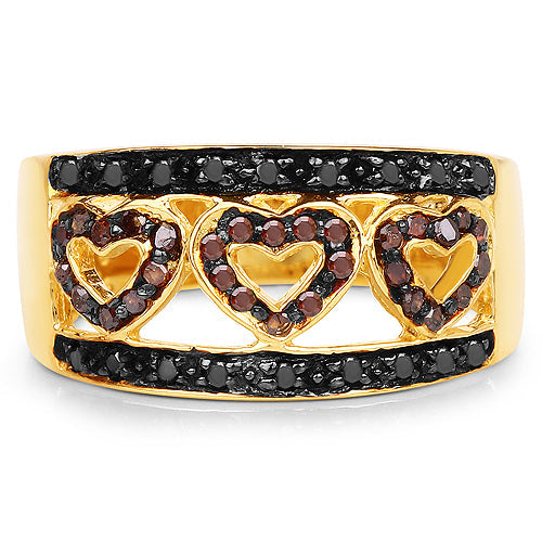 Anillo de plata esterlina .925 con baño de oro amarillo de 14 quilates, diamante negro genuino de 0,32 quilates y diamante rojo