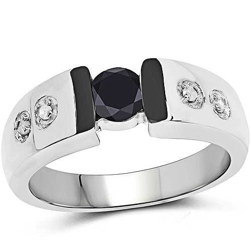 Anillo de Plata de ley .925 con Diamante Negro Genuino de 0.56 Quilates y Diamante Blanco