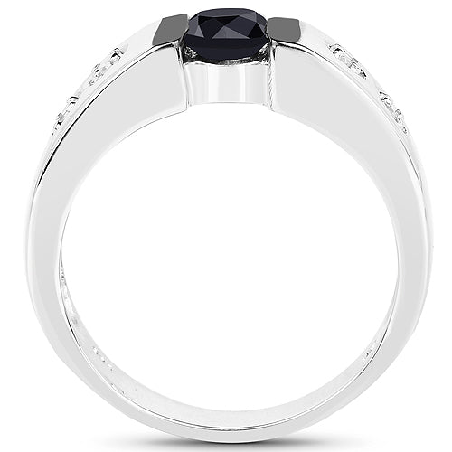 Anillo de Plata de ley .925 con Diamante Negro Genuino de 0.56 Quilates y Diamante Blanco