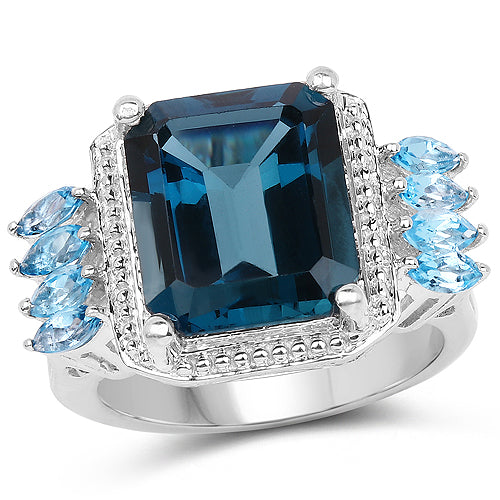 Anillo de Plata de Ley .925 con Topacio Azul Londres y Topacio Azul Suizo Genuinos de 8.17 Quilates