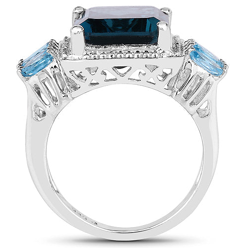 Anillo de Plata de Ley .925 con Topacio Azul Londres y Topacio Azul Suizo Genuinos de 8.17 Quilates