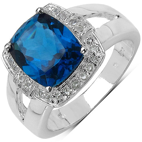 Anillo de plata de ley .925 con topacio azul de Londres genuino de 3.64 quilates y topacio blanco
