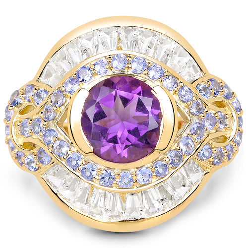 Anillo de plata esterlina .925 con amatista genuina de 3.93 quilates, tanzanita y topacio blanco, bañado en oro amarillo de 14K
