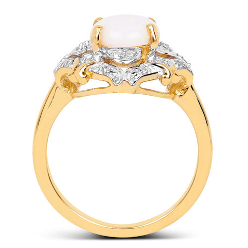Anillo de plata de ley .925 chapado en oro amarillo de 14 quilates con ópalo auténtico y topacio blanco de 1,40 quilates