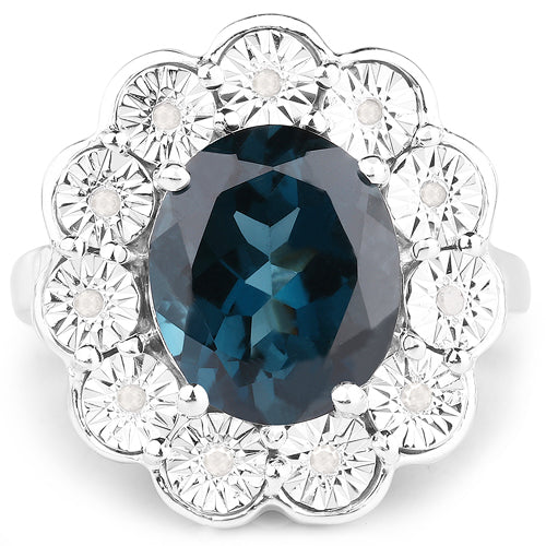 Anillo de plata de ley .925 con topacio azul de Londres genuino de 5.11 quilates y diamantes blancos