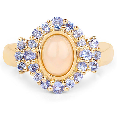 Anillo de plata de ley .925 con chapado en oro amarillo de 14 quilates, ópalo etíope genuino de 1,74 quilates y tanzanita