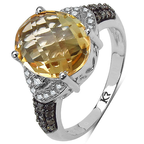 Anillo de plata de ley .925 con citrino auténtico de 4,69 quilates, diamantes color champán y diamantes blancos
