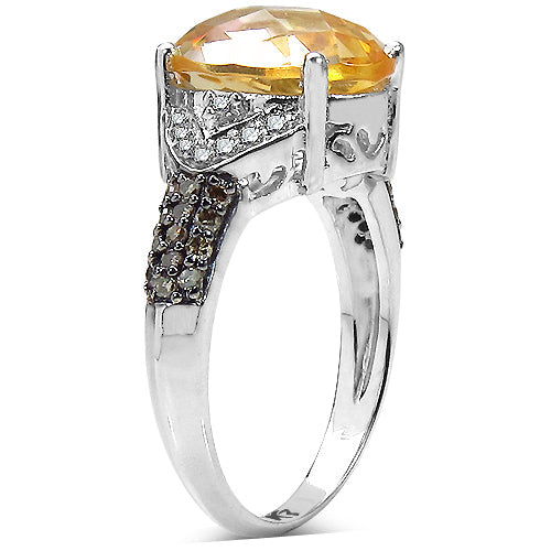 Anillo de plata de ley .925 con citrino auténtico de 4,69 quilates, diamantes color champán y diamantes blancos
