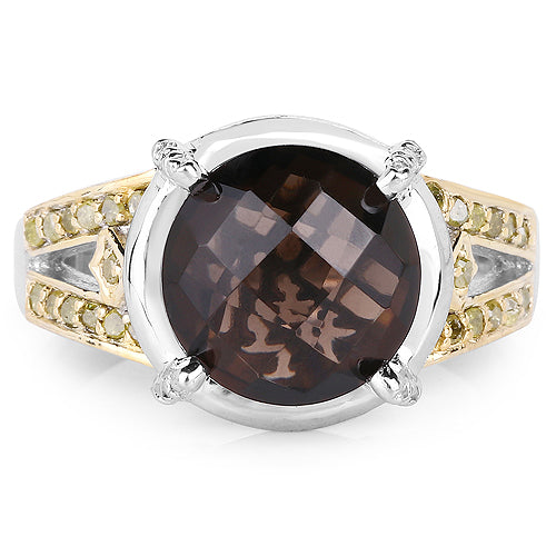 Anillo de plata de ley 925 con cuarzo ahumado auténtico de 3.28 quilates, diamantes amarillos y diamantes blancos
