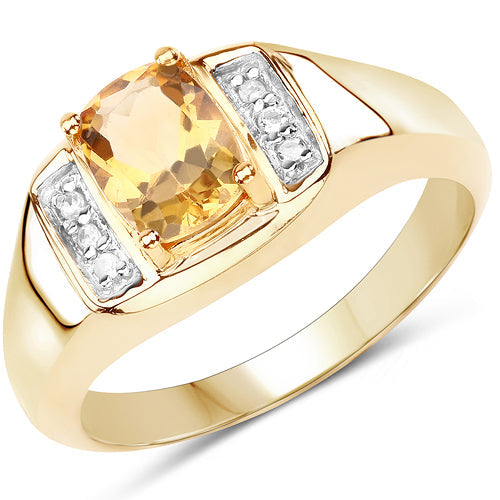 Anillo de plata de ley .925 chapado en oro amarillo de 14 quilates con citrino genuino de 1.36 quilates y topacio blanco