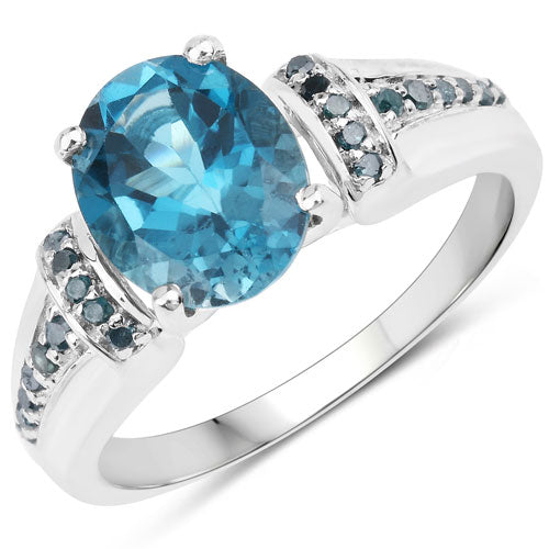 Anillo de plata esterlina .925 con topacio azul de Londres genuino de 2,72 quilates y diamantes azules