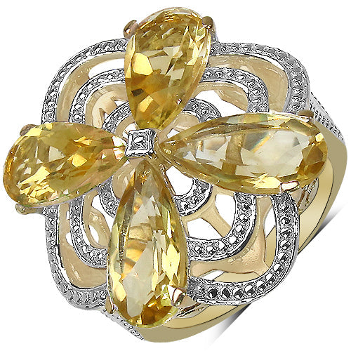Anillo de plata de ley .925 con citrino genuino de 8.81 quilates y diamantes blancos, chapado en oro amarillo de 14 quilates