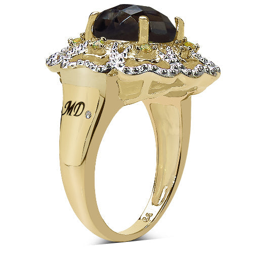 Anillo de plata de ley .925 con baño de oro amarillo de 14 quilates, cuarzo ahumado genuino de 3.23 quilates, citrino y diamante blanco