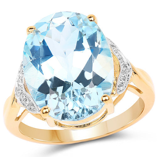 Anillo de plata de ley .925 con topacio azul genuino de 11,32 quilates y topacio blanco, chapado en oro amarillo de 14 quilates