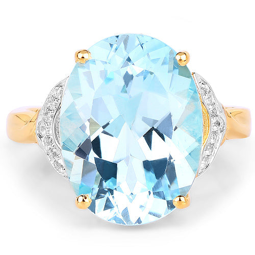 Anillo de plata de ley .925 con topacio azul genuino de 11,32 quilates y topacio blanco, chapado en oro amarillo de 14 quilates