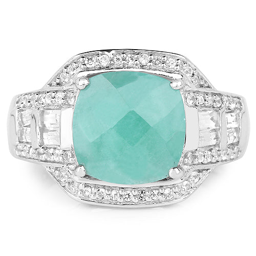 Anillo de plata de ley .925 con esmeralda genuina de 4,09 quilates y topacio blanco