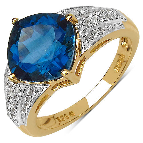 Anillo de plata de ley .925 chapado en oro amarillo de 18 quilates con topacio azul de Londres genuino de 3,83 quilates y topacio blanco
