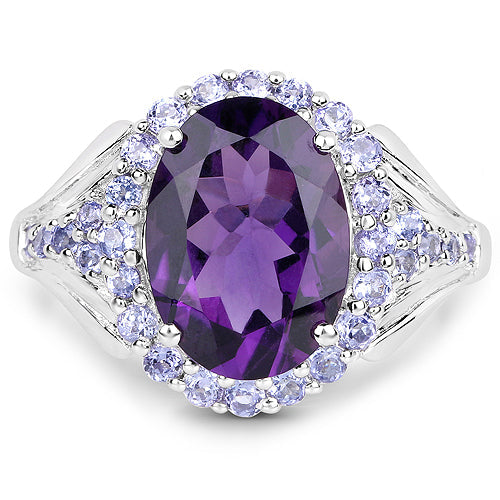 Кольцо из серебра 925 пробы с натуральными аметистом и танзанитом, 5,90 карата