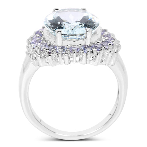 Anillo de plata de ley .925 con aguamarina genuina de 5.30 quilates, tanzanita y topacio blanco