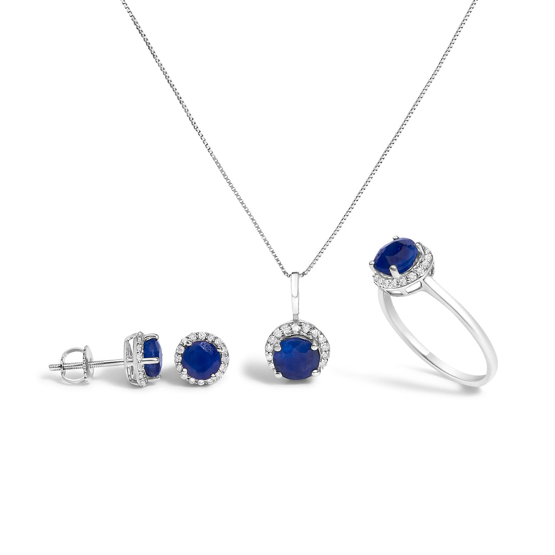 Juego de Joyas de Oro Blanco de 10K con Amatista Morada y Diamantes de 3/8 Cttw en Halo (Pendientes, Colgante y Anillo)