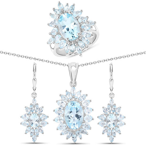 Conjunto de joyas de 3 piezas de plata de ley .925 con topacio azul genuino de 19.18 quilates (anillo, pendientes y colgante con cadena)