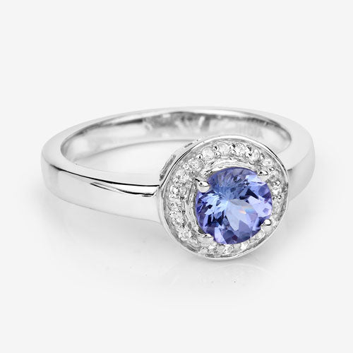 Anillo de Plata de Ley .925 con Tanzanita Genuina de 1,05 Quilates y Topacio Blanco