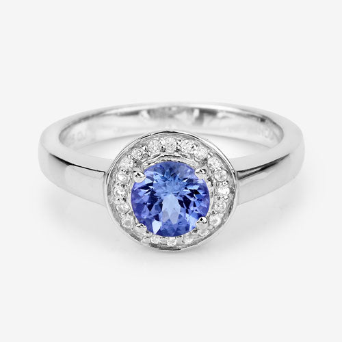 Anillo de Plata de Ley .925 con Tanzanita Genuina de 1,05 Quilates y Topacio Blanco