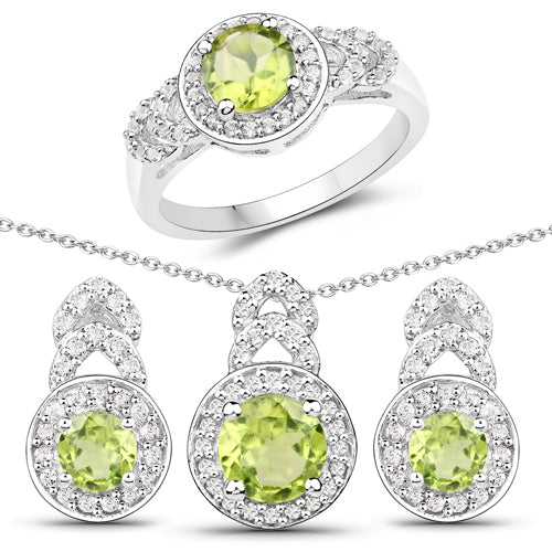 Juego de joyas de plata de ley .925 con peridoto auténtico de 2,68 quilates y topacio blanco