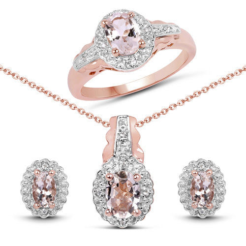 Conjunto de joyas de 3 piezas de plata de ley .925 con morganita genuina de 2.28 quilates y topacio blanco (anillo, pendientes y colgante con cadena)