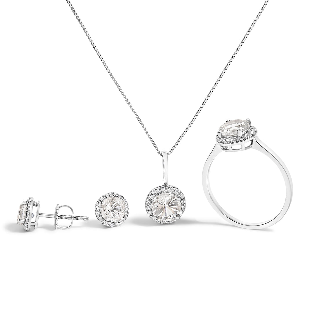 Juego de Joyas de Oro Blanco de 10K con Amatista Morada y Diamantes de 3/8 Cttw en Halo (Pendientes, Colgante y Anillo)