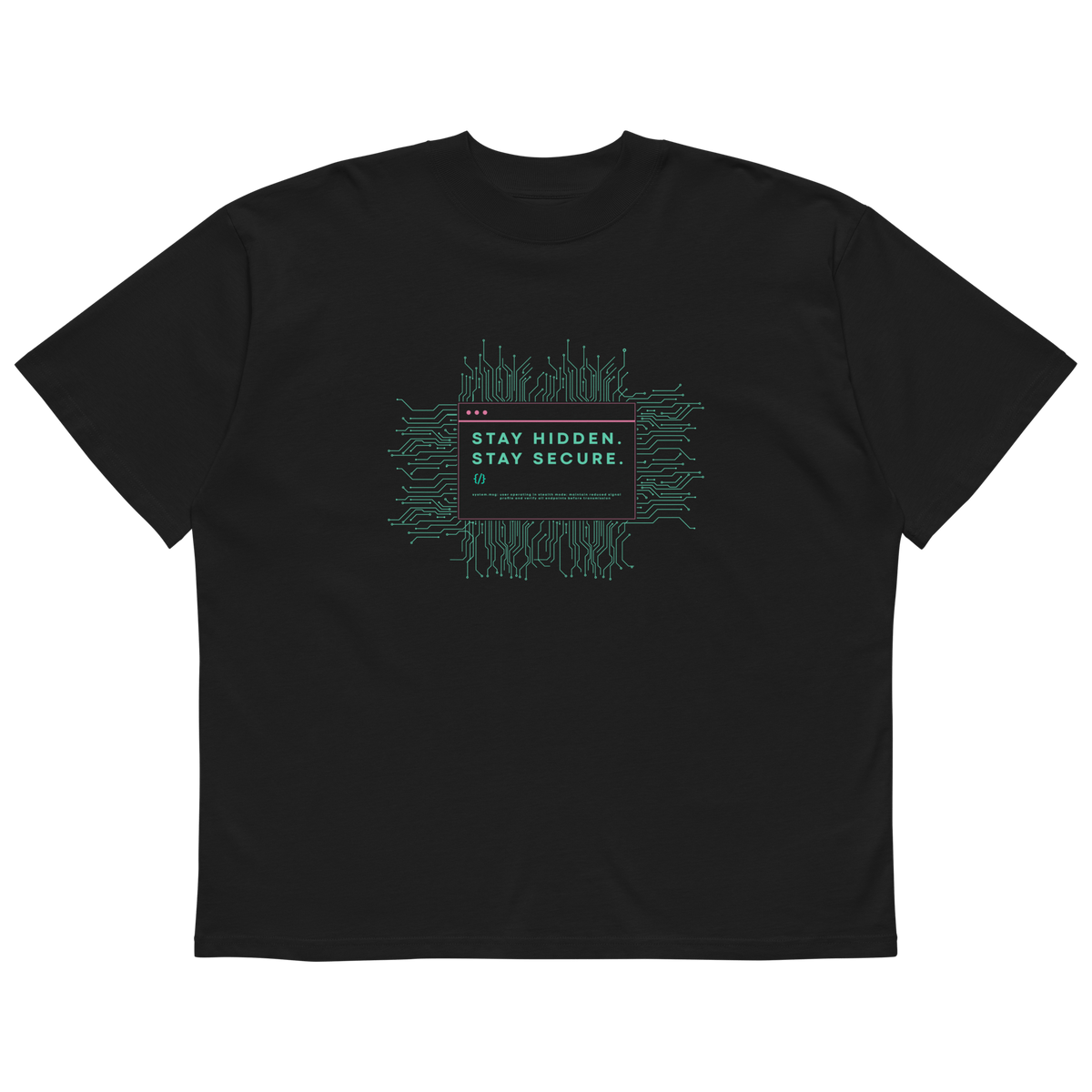 STS “Stay Hidden Stay Secure” Cybersecurity Oversized Organic High-Neck T-Shirt - imagen 3 de 10
